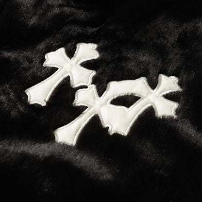 Chrome Hearts Faux Fur Cross Varsity Jacket - Black White Gothic Streetwear 035